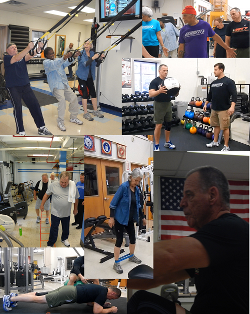 Veterans participate in functional circuit training, under the direction of Erek Biddle, Exercise Physiologist (second photo from top, on right), and Greg Reynolds, Exercise Physiologist (second photo from top, on left).