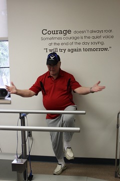 Mr. John Ray, 87 year old Gerofit participant from the Greater Los Angeles VA, showing off his balancing skills with his one-legged stance and catching a bean bag while standing on foam! 